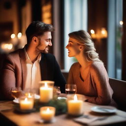 A romantic couple is having dinner together in a cozy, candle-lit restaurant