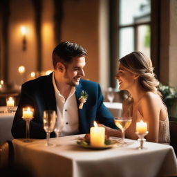 A romantic couple is having dinner together in a cozy, candle-lit restaurant