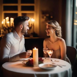 A romantic couple is having dinner together in a cozy, candle-lit restaurant