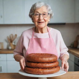 An endearing elderly woman with glasses and a kitchen apron holding a unique cake made with large sausages which she just prepared.