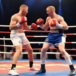 Aaron Ramsdale, wearing an England football shirt, facing David Raya, who is in a Spain football shirt, in a boxing match