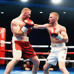 Aaron Ramsdale, wearing an England football shirt, facing David Raya, who is in a Spain football shirt, in a boxing match