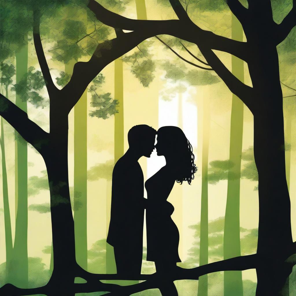 A man with black hair and a girl silhouette standing next to each other in a treehouse