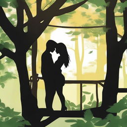 A man with black hair and a girl silhouette standing next to each other in a treehouse