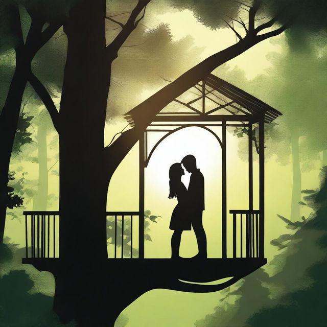 A man with black hair and a girl silhouette standing next to each other in a treehouse