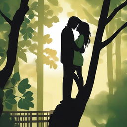 A man with black hair and a girl silhouette standing next to each other in a treehouse