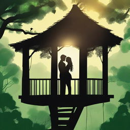 A man with black hair and a girl with curly hair silhouette standing next to each other in a treehouse