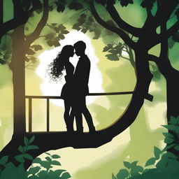 A man with black hair and a girl with curly hair silhouette standing next to each other in a treehouse