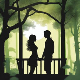 A man with black hair and a girl with curly hair silhouette standing next to each other in a treehouse