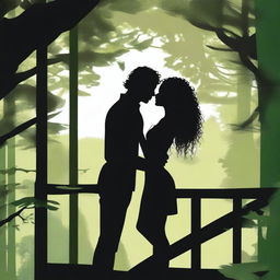 A man with black hair and a girl with curly hair silhouette standing next to each other in a treehouse