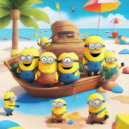 A vibrant and fun scene of a Minion boat party with a pool