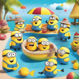 A vibrant and fun scene of a Minion boat party with a pool