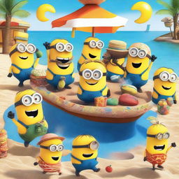 A vibrant and fun scene of a Minion boat party with a pool