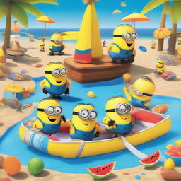 A vibrant and fun scene of a Minion boat party with a pool