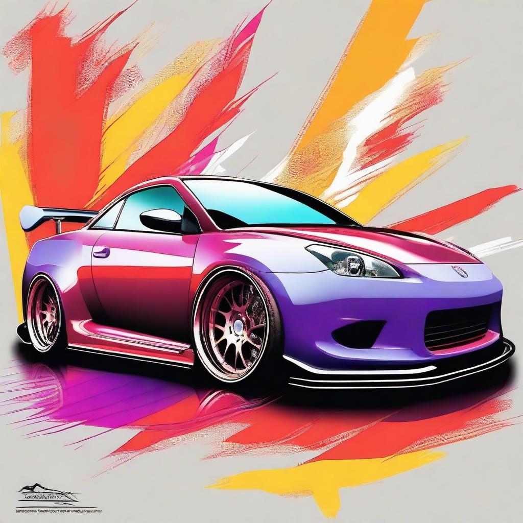 Create an image of a highly tuned car, featuring sleek aerodynamic modifications and vibrant colors