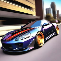 Create an image of a highly tuned car, featuring sleek aerodynamic modifications and vibrant colors