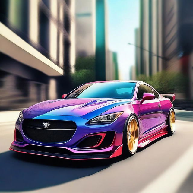 Create an image of a highly tuned car, featuring sleek aerodynamic modifications and vibrant colors