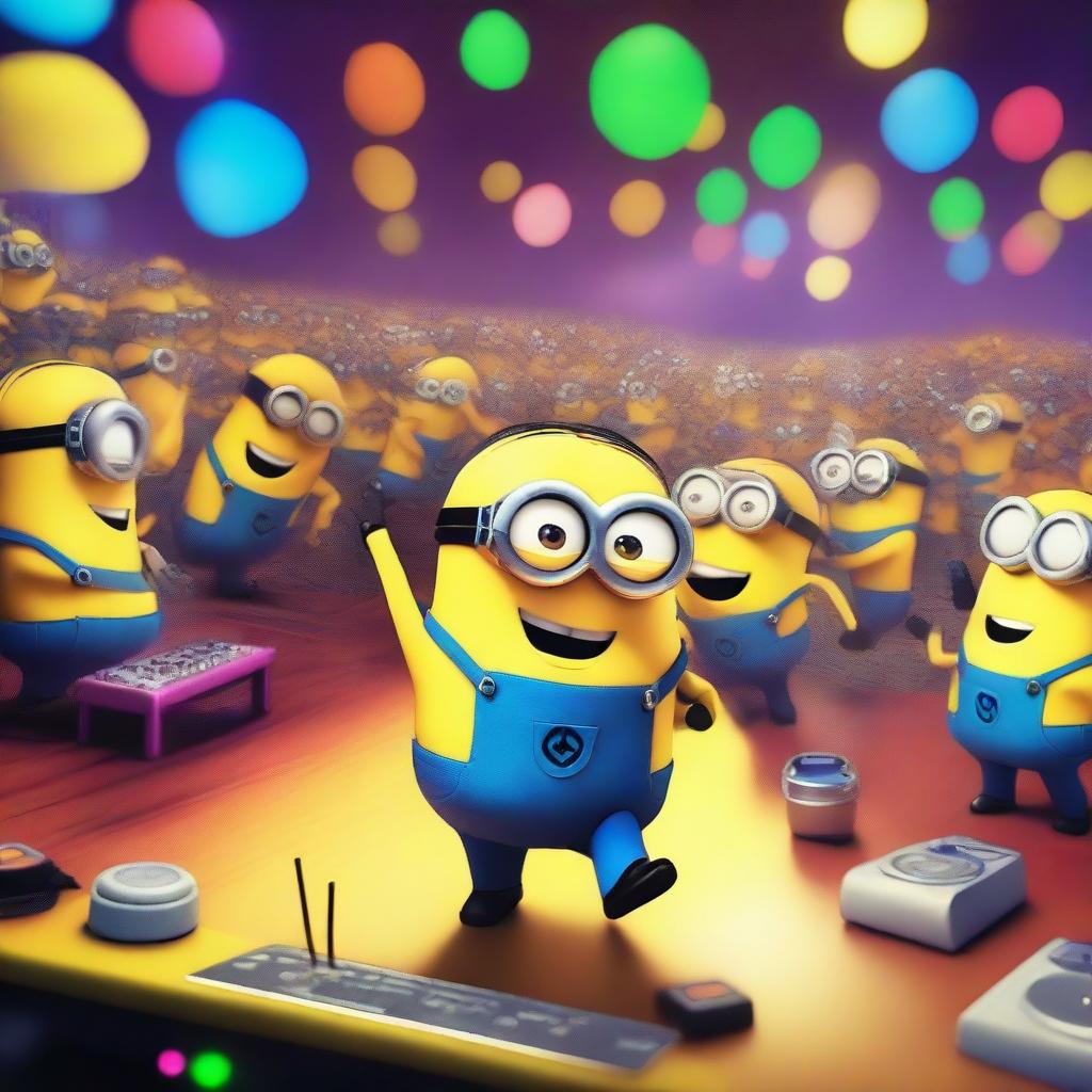 A lively scene in a club featuring a minion named Party Tim playing an instrument