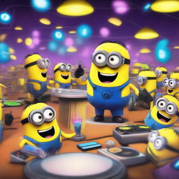 A lively scene in a club featuring a minion named Party Tim playing an instrument