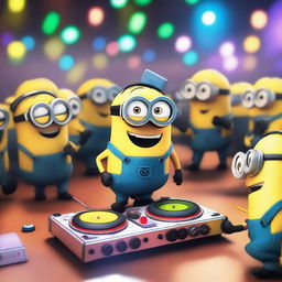 A lively scene in a club featuring a minion named Party Tim playing an instrument