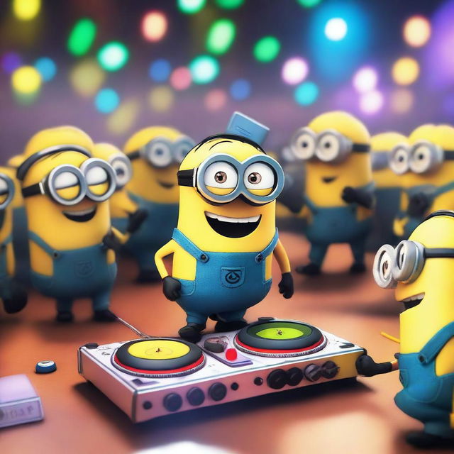 A lively scene in a club featuring a minion named Party Tim playing an instrument