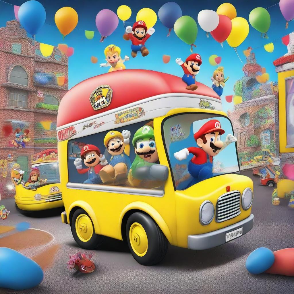 A vibrant and fun scene featuring a Super Mario-themed party bus filled with Minions and Paw Patrol characters