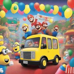 A vibrant and fun scene featuring a Super Mario-themed party bus filled with Minions and Paw Patrol characters