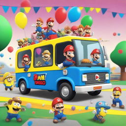 A vibrant and fun scene featuring a Super Mario-themed party bus filled with Minions and Paw Patrol characters