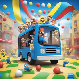 A vibrant and fun scene featuring a Super Mario-themed party bus filled with Minions and Paw Patrol characters