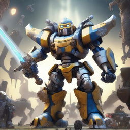 A powerful mecha minion wielding a large sword, standing victorious over defeated minions