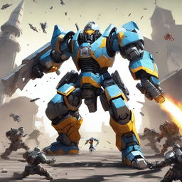 A powerful mecha minion wielding a large sword, standing victorious over defeated minions