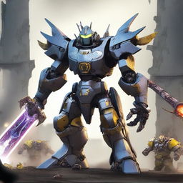 A powerful mecha minion wielding a large sword, standing victorious over defeated minions