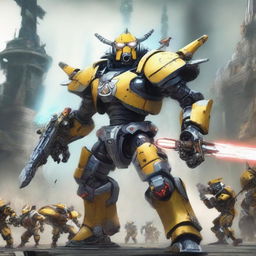 A powerful mecha minion wielding a large sword, standing victorious over defeated minions