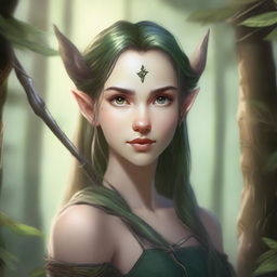 A detailed portrait of an artistic girl who is a forest half-elf, holding a bow