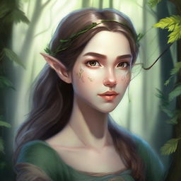 A detailed portrait of an artistic girl who is a forest half-elf, holding a bow