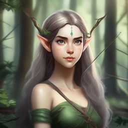 A detailed portrait of an artistic girl who is a forest half-elf, holding a bow