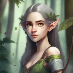 A detailed portrait of an artistic girl who is a forest half-elf, holding a bow