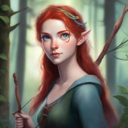 A detailed portrait of an artistic girl who is a forest half-elf, holding a bow