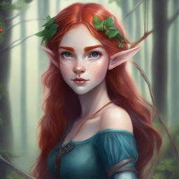 A detailed portrait of an artistic girl who is a forest half-elf, holding a bow