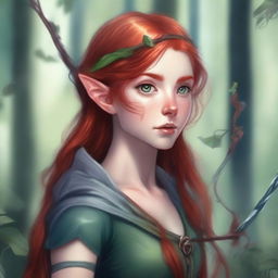 A detailed portrait of an artistic girl who is a forest half-elf, holding a bow