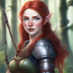 A detailed portrait of an artistic girl who is a forest half-elf, holding a bow