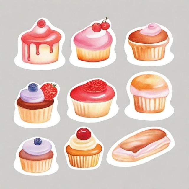 A beautiful display of delicious desserts including cakes, pastries, and cookies, all illustrated in a watercolor painting style