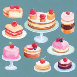 A beautiful display of delicious desserts including cakes, pastries, and cookies, all illustrated in a watercolor painting style