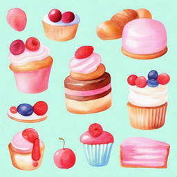 A beautiful display of delicious desserts including cakes, pastries, and cookies, all illustrated in a watercolor painting style