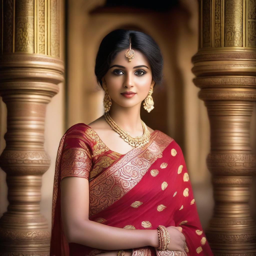 A beautiful Indian woman wearing a traditional saree, posing gracefully