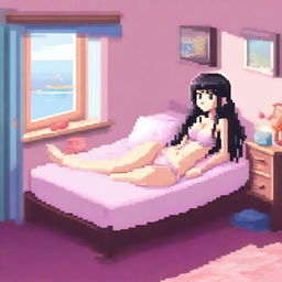 16-bit pixel art of a beautiful anime girl with black hair and blue eyes lying in bed, wearing a bikini