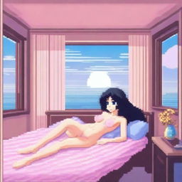 16-bit pixel art of a beautiful anime girl with black hair and blue eyes lying in bed, wearing a bikini