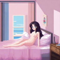 16-bit pixel art of a beautiful anime girl with black hair and blue eyes lying in bed, wearing a bikini