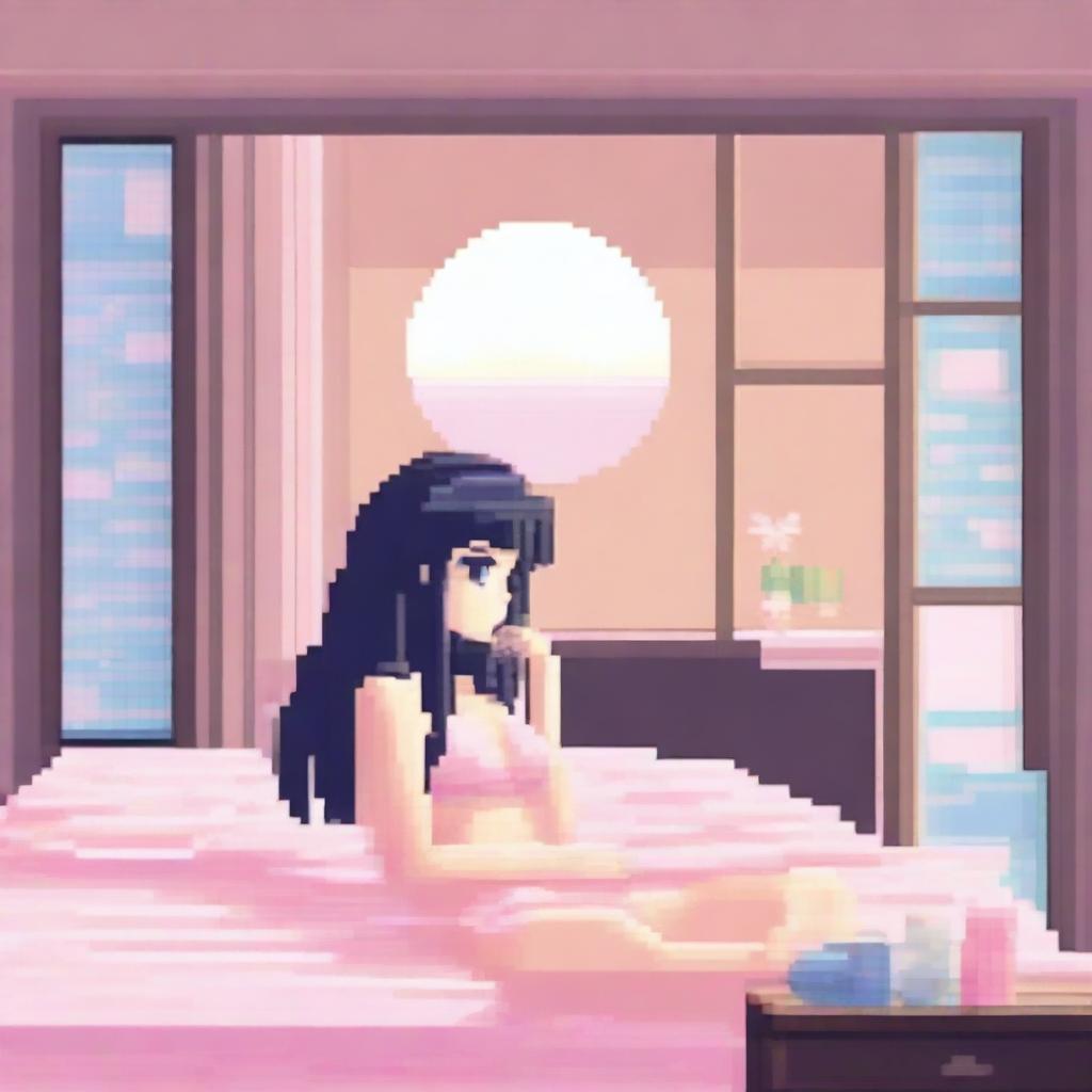 16-bit pixel art of a beautiful anime girl with black hair and blue eyes lying in bed, wearing a bikini