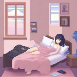 A 16-bit pixel art of a beautiful anime girl with black hair and blue eyes, lying in bed